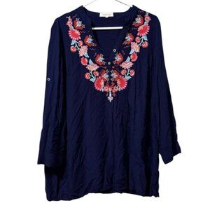 Solitaire Tunic Top‎ Women Size Large Embroidered Long Sleeve Floral Boho Hippie